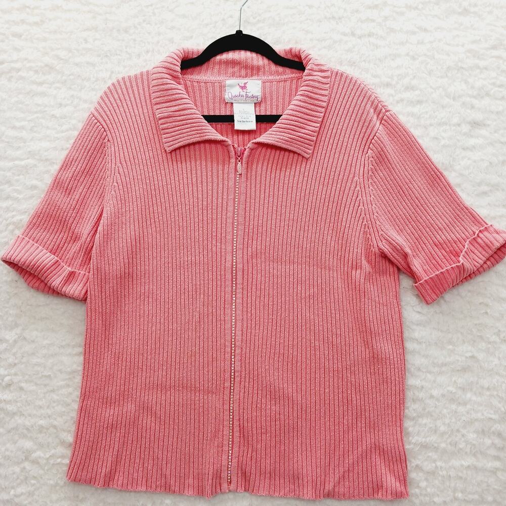 Sweater Rhinestone Zipper Pink Coral Cottagecore Glitz Dopamine Y2K Chic Size L